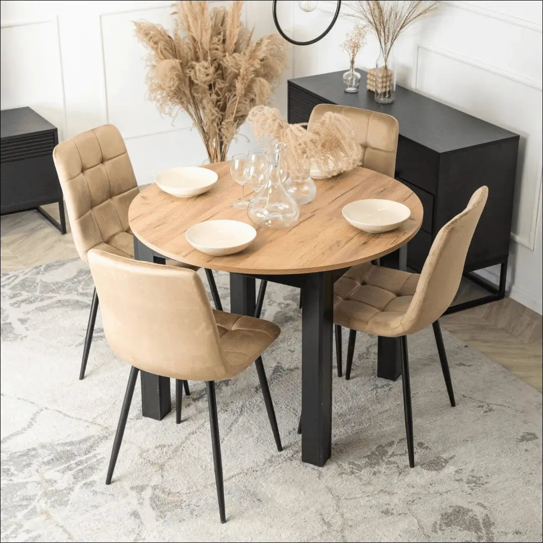 Stalo 102–142 cm ąžuolo spalvos/juodo atspalvio ir 4 smėlio spalvos kėdžių komplektas TE2423 - €292.49 Save 15%