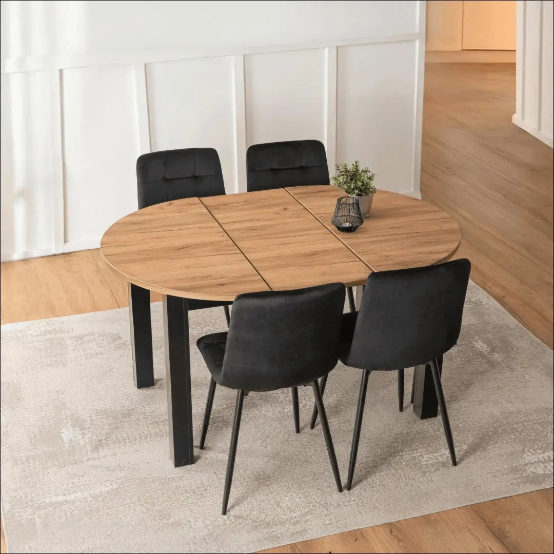 Stalo 102–142 cm ąžuolo spalvos/juodos spalvos ir 4 juodų kėdžių komplektas TE2426 - €292.49 Save 15%