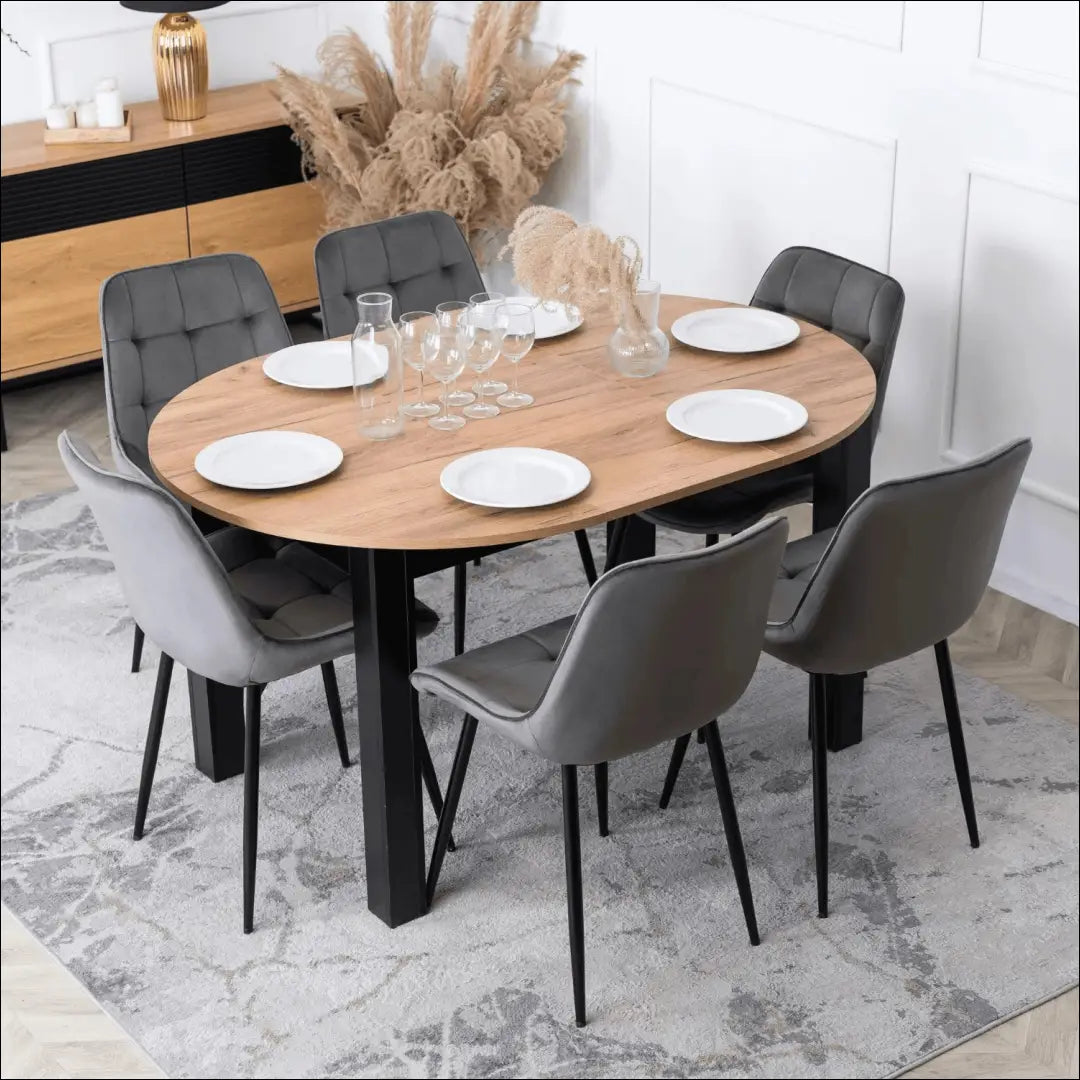 Stalo 102–142 cm ąžuolo spalvos/juodos spalvos ir 6 pilkų kėdžių komplektas TE2421 - €403.23 Save 15%