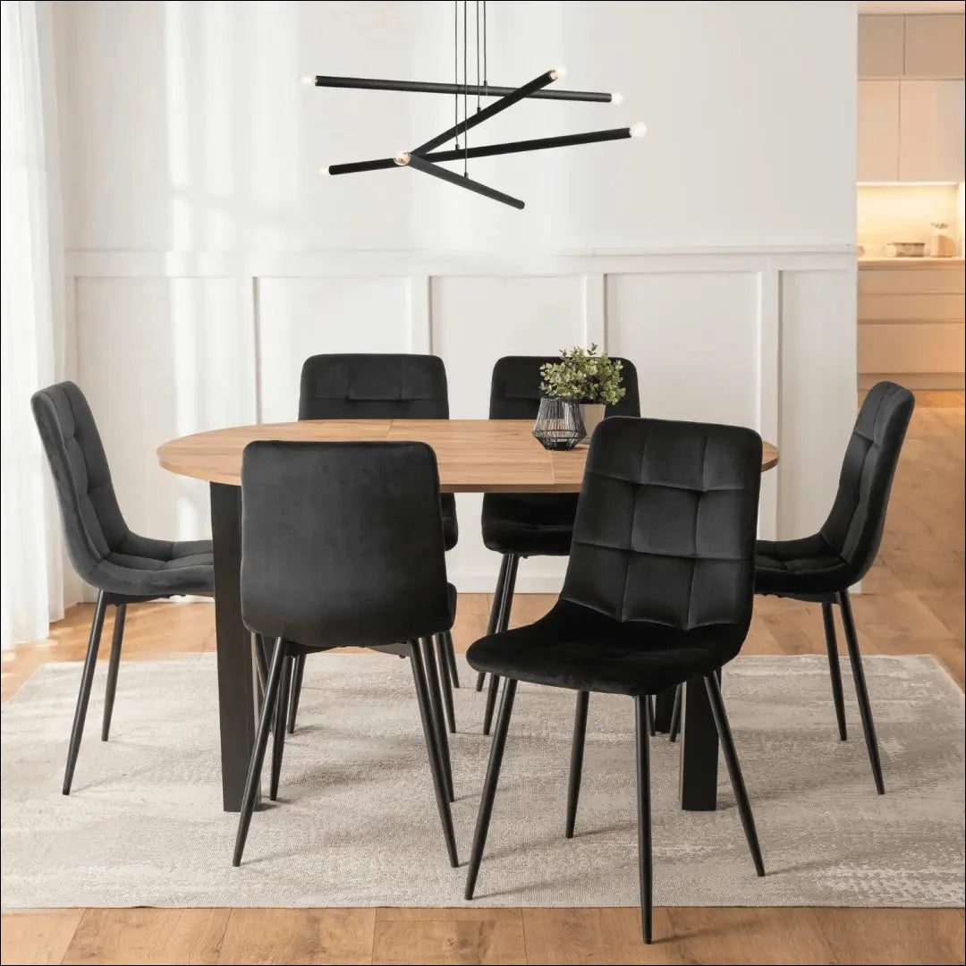 Stalo 102–142 cm ąžuolo spalvos/juodos spalvos ir 6 juodų kėdžių komplektas TE2427 - €356 Save 15% __label:Pristatymas