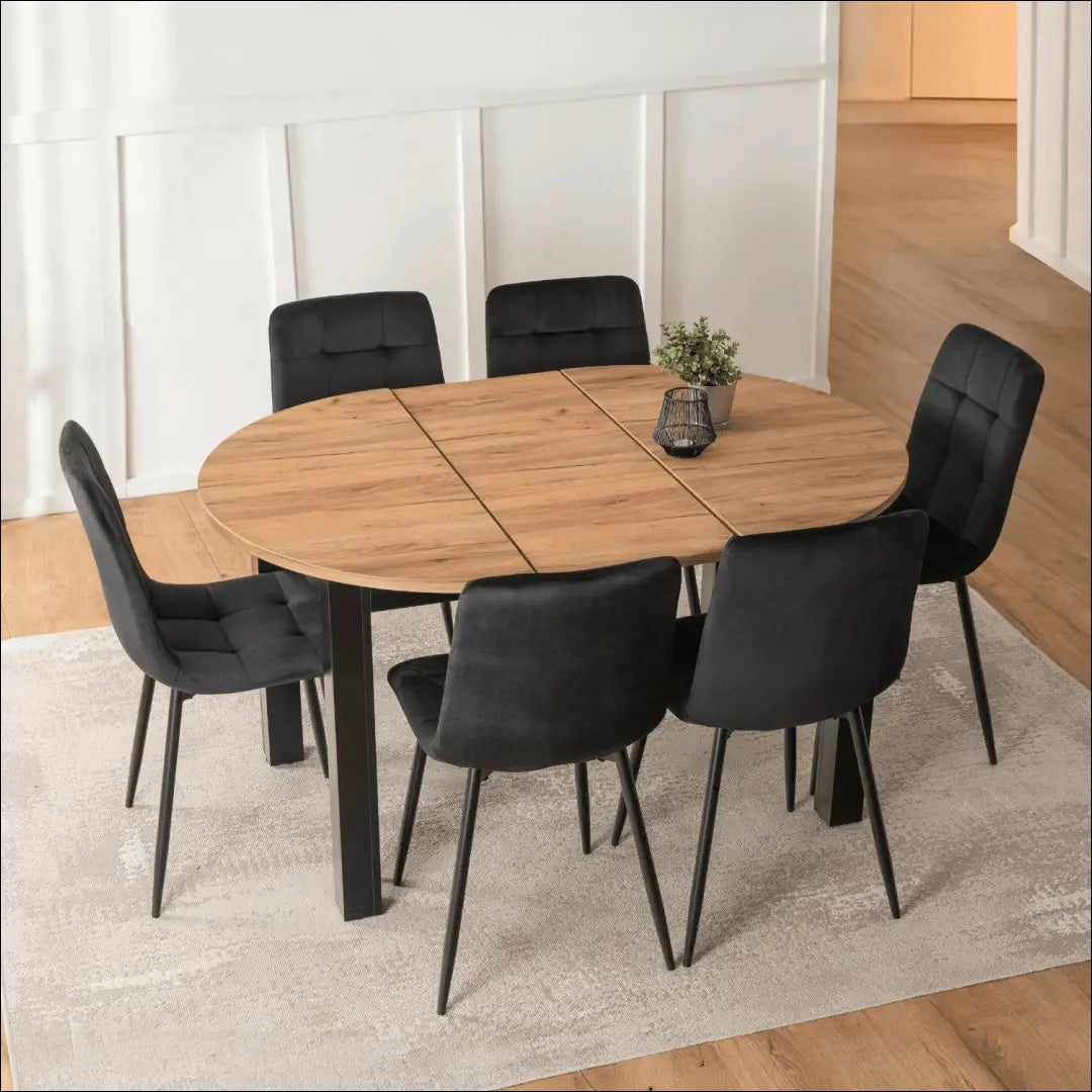 Stalo 102–142 cm ąžuolo spalvos/juodos spalvos ir 6 juodų kėdžių komplektas TE2427 - €356 Save 15% __label:Pristatymas