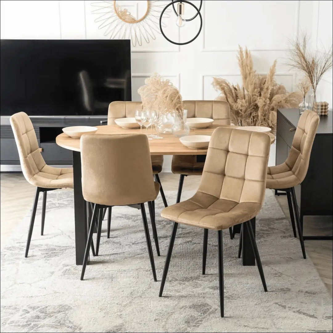 Stalo 102–142 cm ąžuolo spalvos/juodos spalvos ir 6 smėlio kėdžių komplektas TE2424 - €355.78 Save 15%