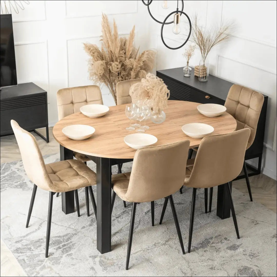 Stalo 102–142 cm ąžuolo spalvos/juodos spalvos ir 6 smėlio kėdžių komplektas TE2424 - €355.78 Save 15%