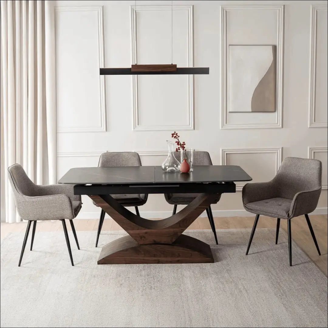 Stalų komplektas 160–200 cm juodas/riešutmedžio spalvos ir 4 rudos kėdės TE2429 - €723 Save 15% __label:Pristatymas