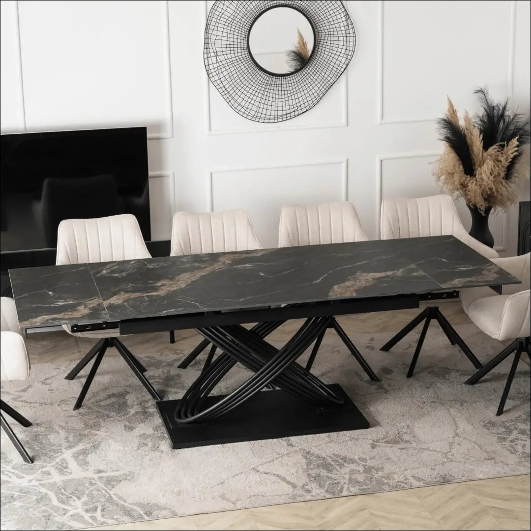 Stalų komplektas 160–240 cm juodas marmuras/juodas ir 4 kreminės spalvos kėdės TE2445 - €990.75 Save 15%