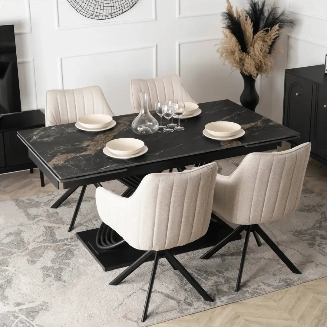 Stalų komplektas 160–240 cm juodas marmuras/juodas ir 4 kreminės spalvos kėdės TE2445 - €990.75 Save 15%