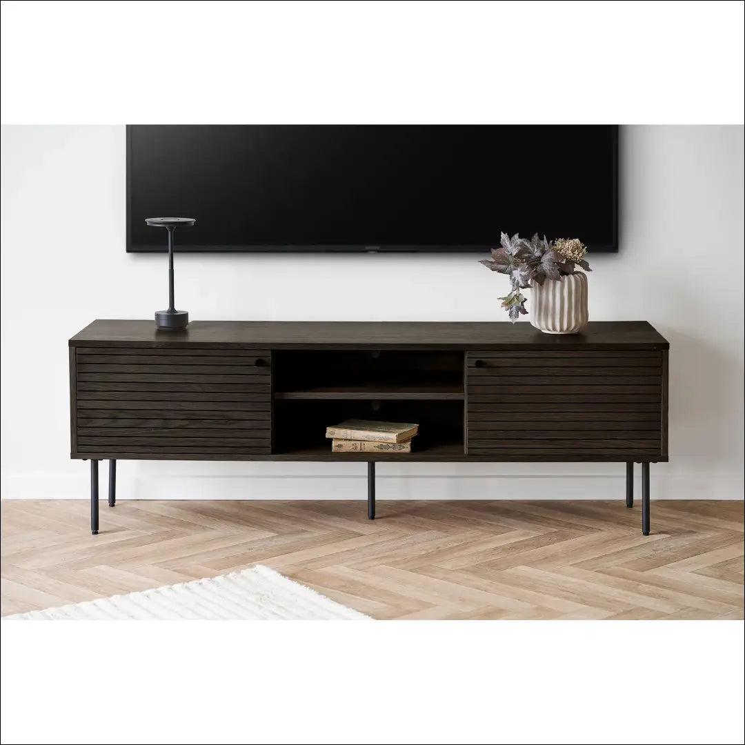 TV staliukas 2 durys lentynos ąžuolo fanera dūmintas paviršius juodo metalo kojelės 150x40x50 cm RD473 - €390 Save 15%