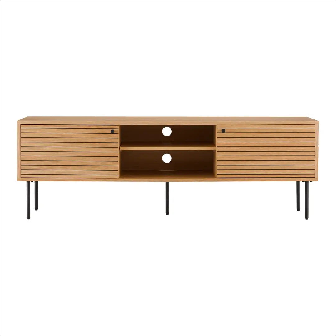 TV staliukas 2 durys lentynos ąžuolo fanera natūrali spalva juodo metalo kojelės 150x40x50 cm RD472 - €356 Save 15%