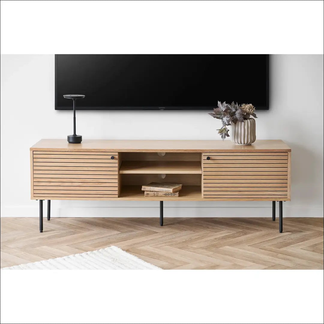 TV staliukas 2 durys lentynos ąžuolo fanera natūrali spalva juodo metalo kojelės 150x40x50 cm RD472 - €356 Save 15%