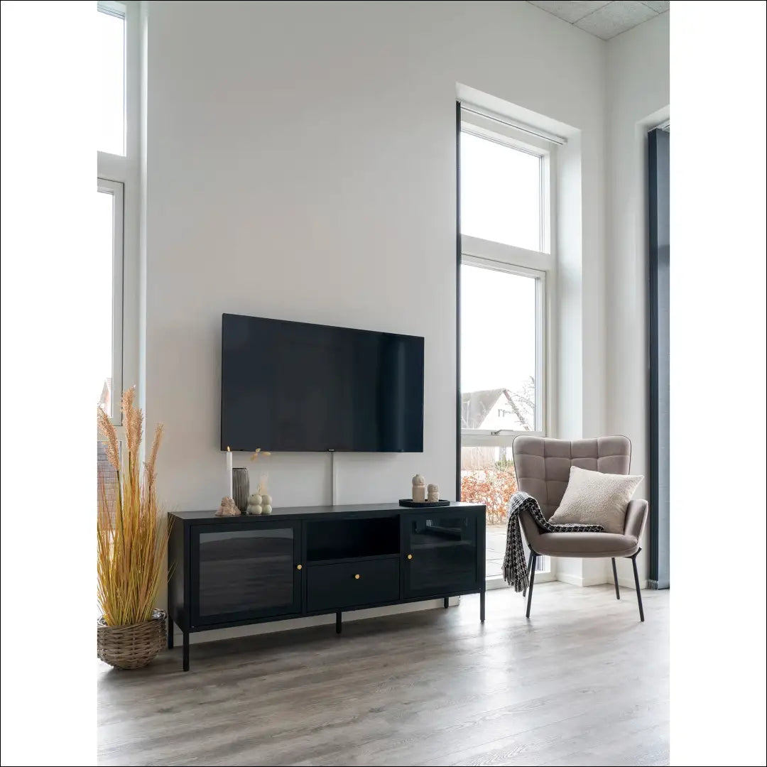 TV staliukas 2 stiklinės durys 1 stalčius plienas juodas 150x35x60 cm RD501 - €358 Save 15% __label:Pristatymas 5-14