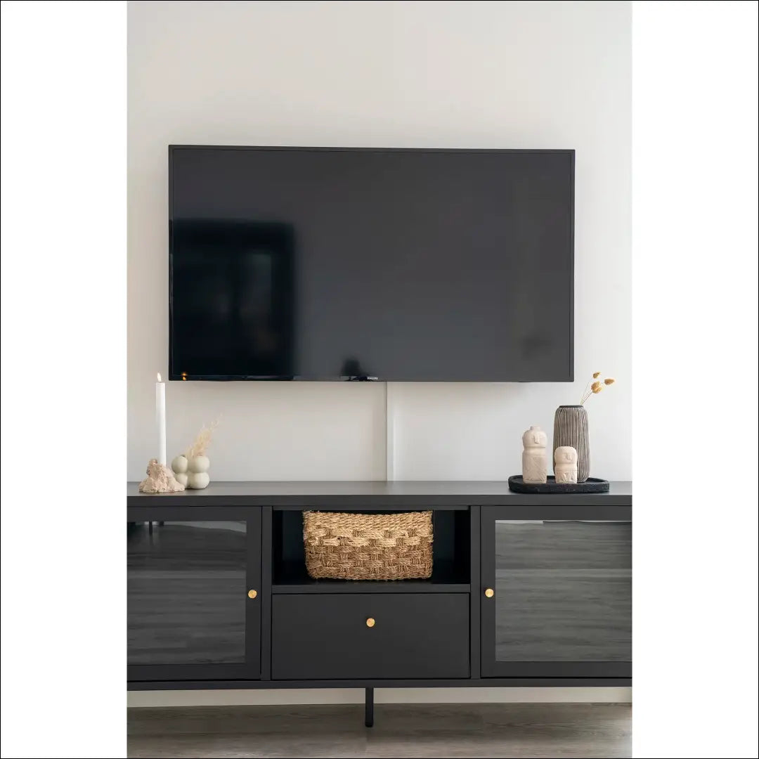 TV staliukas 2 stiklinės durys 1 stalčius plienas juodas 150x35x60 cm RD501 - €358 Save 15% __label:Pristatymas 5-14