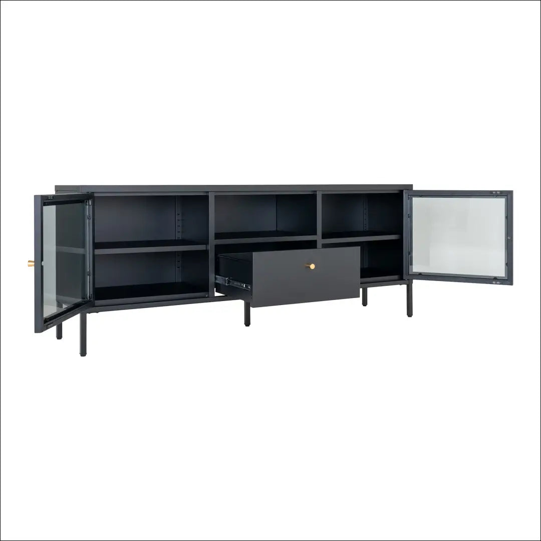 TV staliukas 2 stiklinės durys 1 stalčius plienas juodas 150x35x60 cm RD501 - €358 Save 15% __label:Pristatymas 5-14