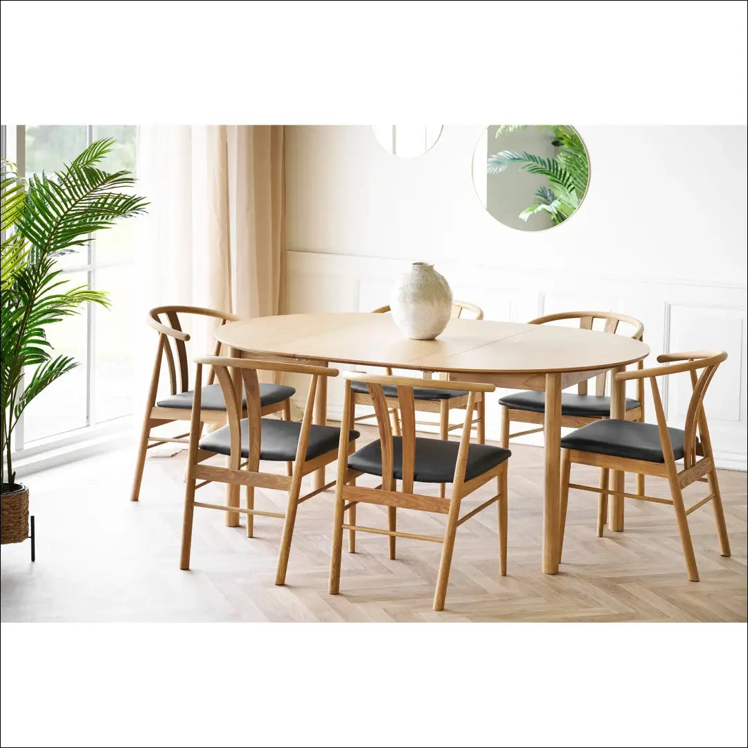 Valgomojo stalas ąžuolo fanera natūralus su dviem prailginimo plokštelėmis ø120x120-170-220x75 cm RD418 - €714 Save 15%
