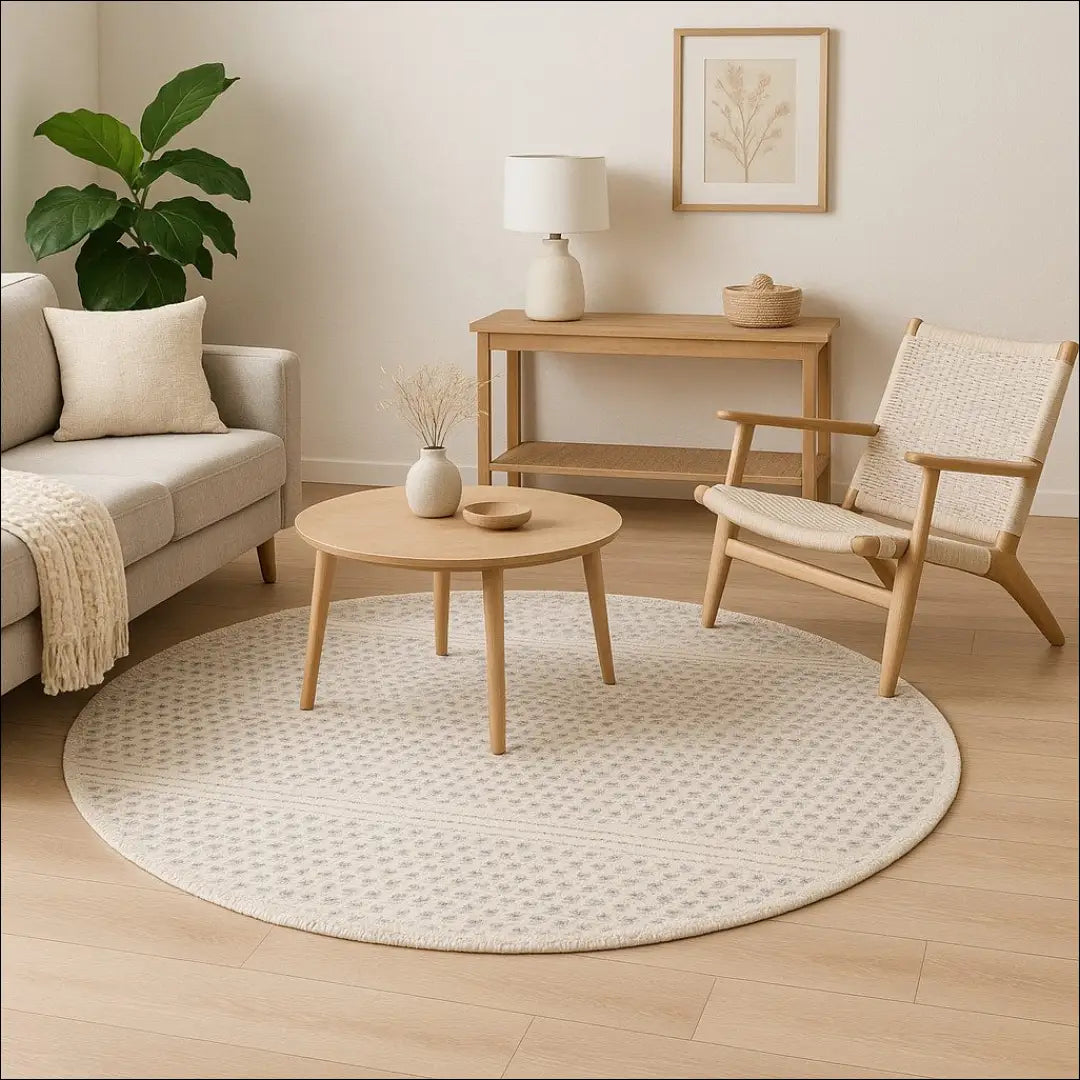 Vilnos kilimas RU1686 - €225 Save 50% __label:Pristatymas 1-2 d.d., apvalus, color-balta, color-pilka,