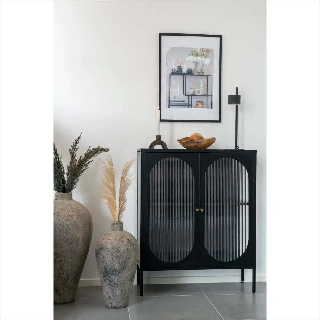 Vitrina su 2 gofruoto stiklo durelėmis plieninė juoda 90x35x110 cm RD499 - €431 Save 15% __label:Pristatymas 5-14 d.d.,