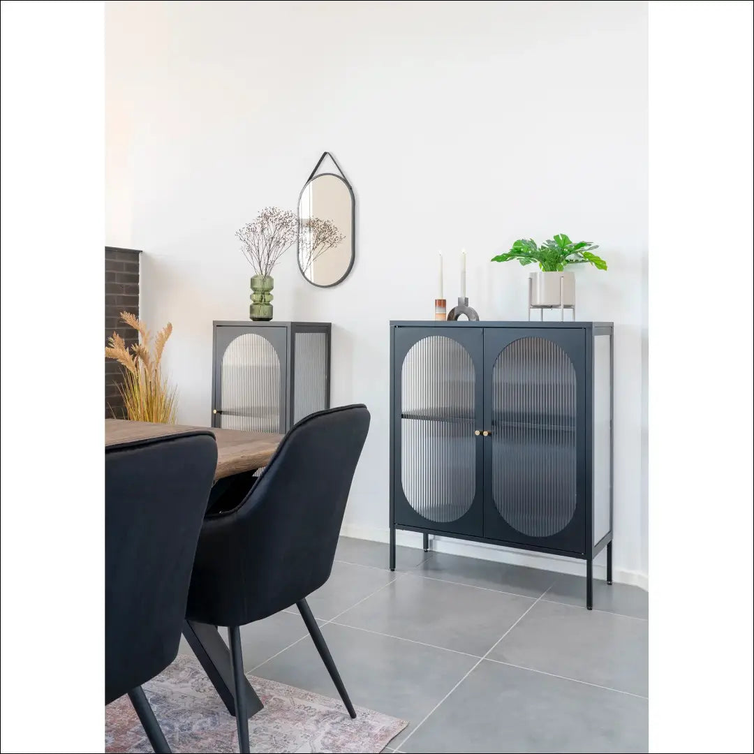 Vitrina su 2 gofruoto stiklo durelėmis plieninė juoda 90x35x110 cm RD499 - €431 Save 15% __label:Pristatymas 5-14 d.d.,